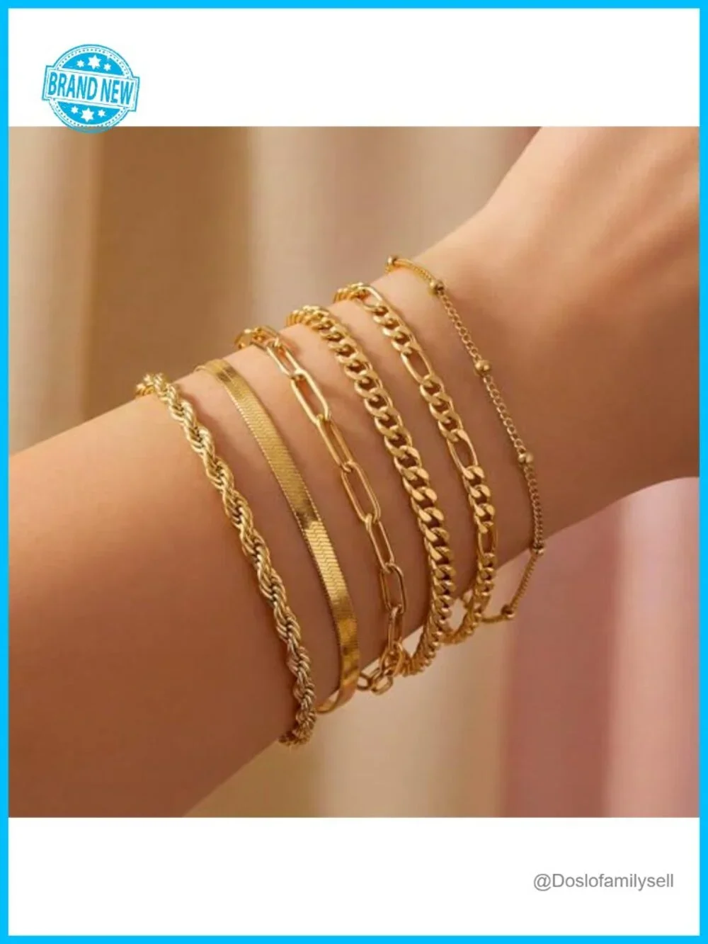 6-Piece 18K Gold Plated Stainless Steel Bracelet Stack Set with Extender